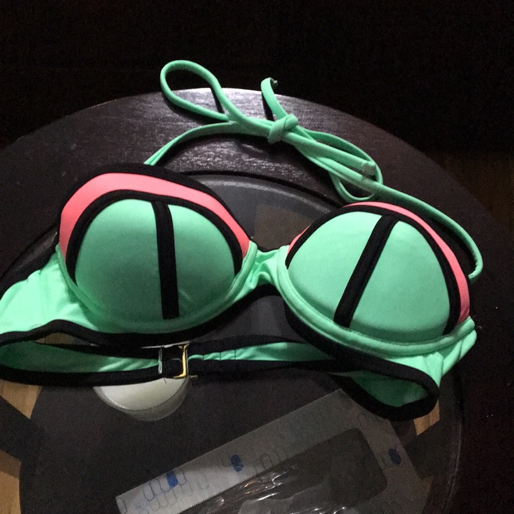 Pink and blue halter bikini with black details